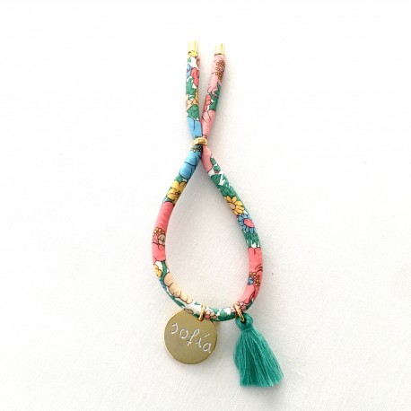 Pulsera chapa dorada + cordón flores + pompón- varios estampados