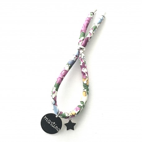 Pulsera cordón flores + chapa de plata + estrella- varios estampados