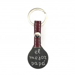 Llavero chapa redonda personalizada  + cuero pespunteado corto- varios colores