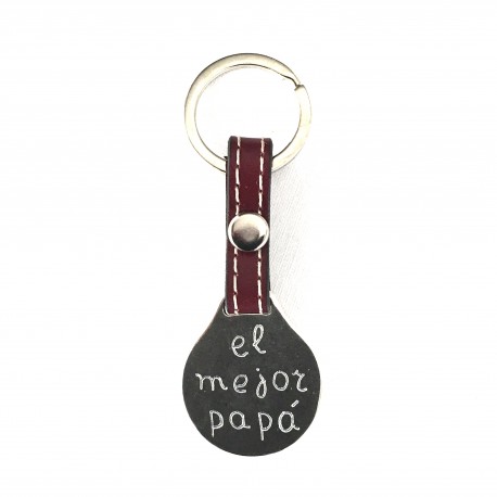 Llavero chapa redonda personalizada  + cuero pespunteado corto- varios colores
